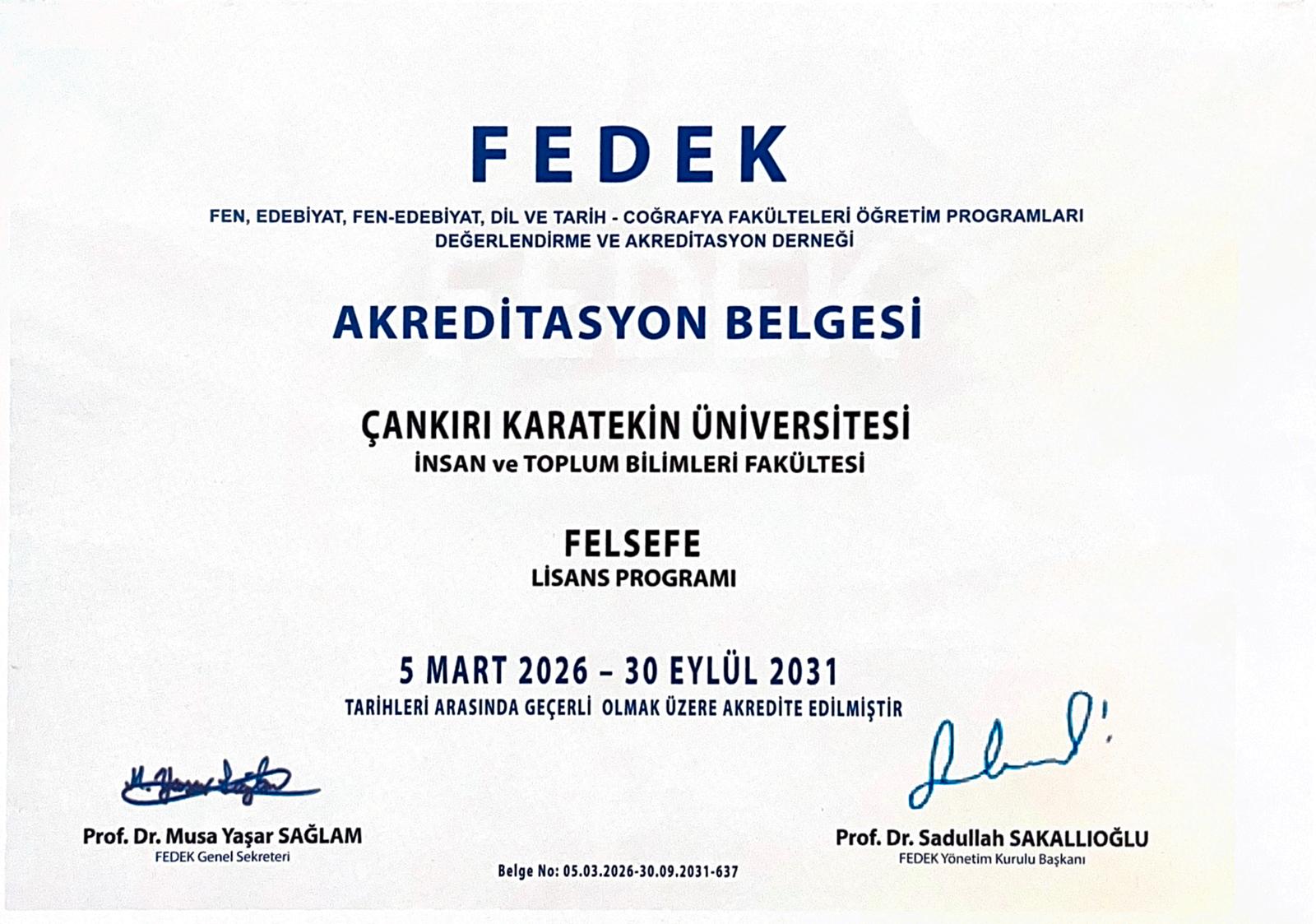 FEDEK AKREDİTASYON BELGESİ