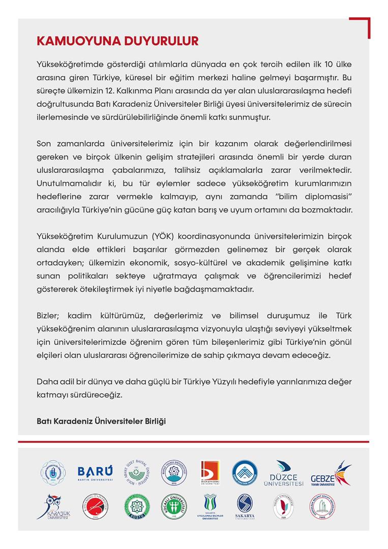 Batı Karadeniz Üniversiteler Birliği Ortak Açıklaması