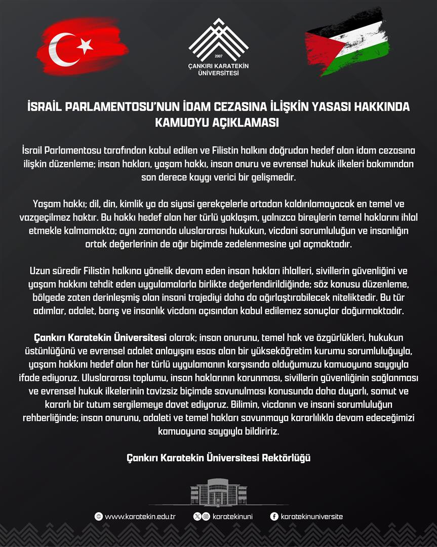 İsrail Parlamentosu’nun İdam Cezasına İlişkin Yasası Hakkında Kamuoyu Açıklaması 